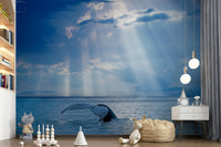 Abstract ocean wall mural in a home office, blue gradient water design for a clean modern backdrop