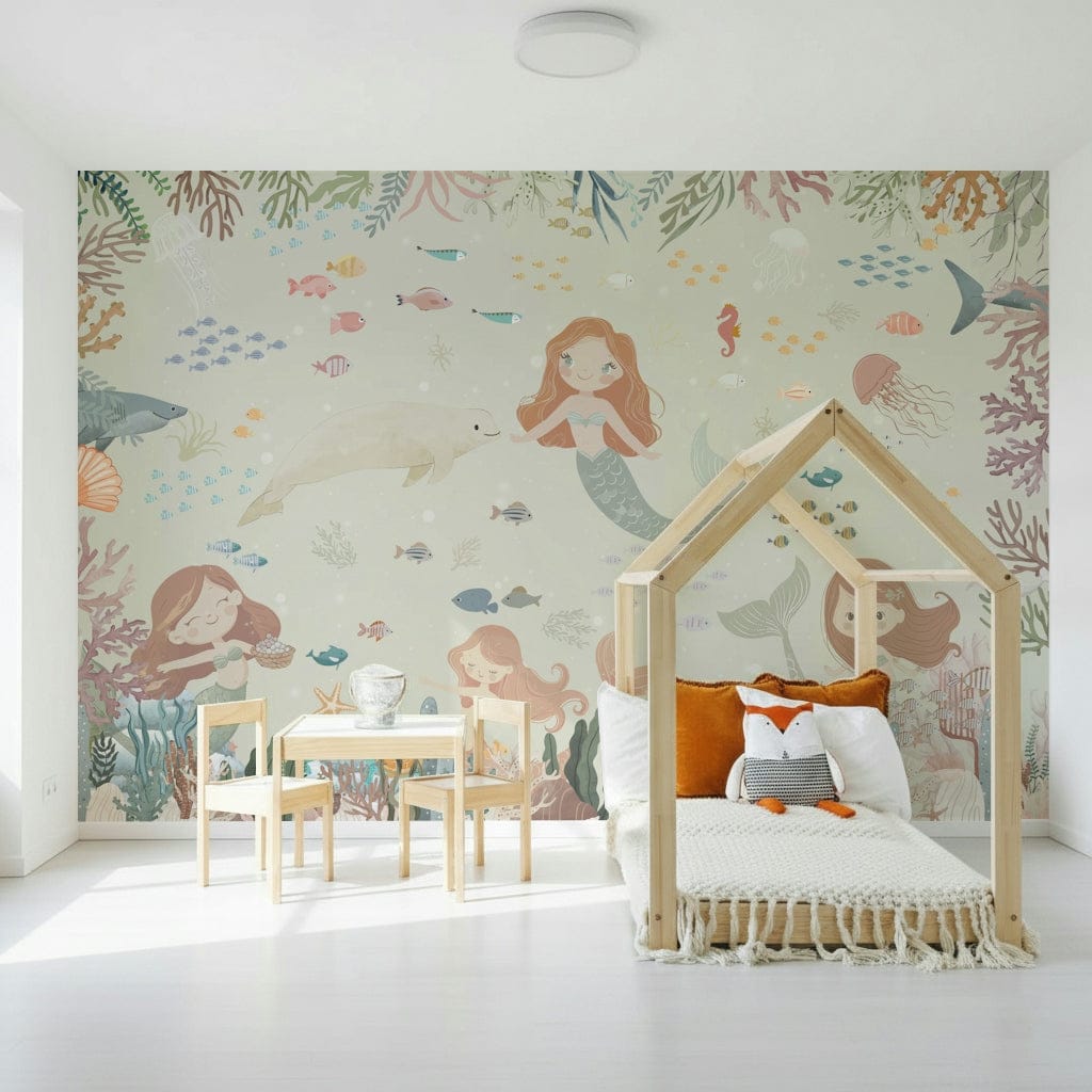 Ocean’s Lullaby wall mural in modern bedroom, soft blue waves on a white wall decor