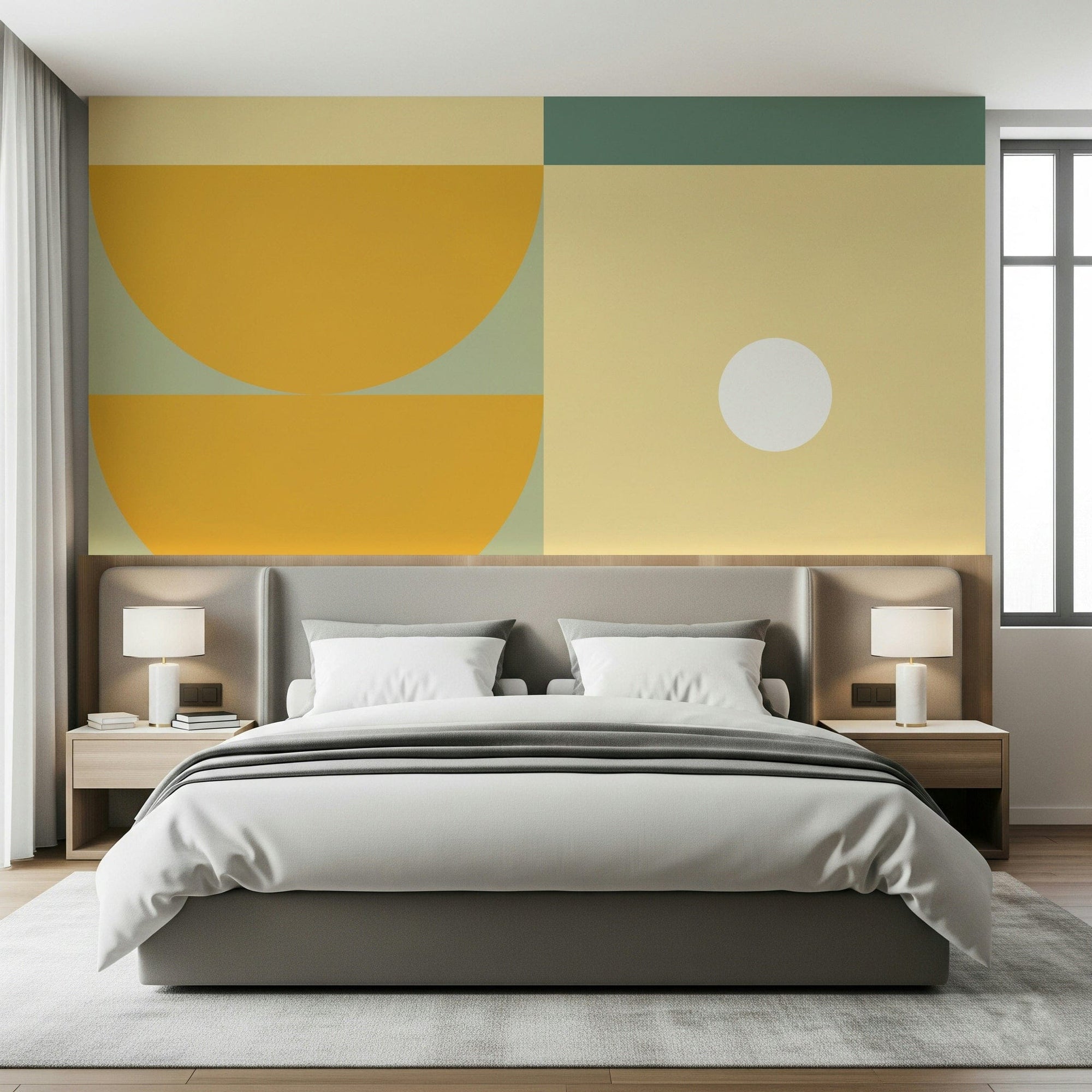 Ochre and Olive wallpaper mural with mustard semicircles and sage blocks in a bedroom behind a grey upholstered bed