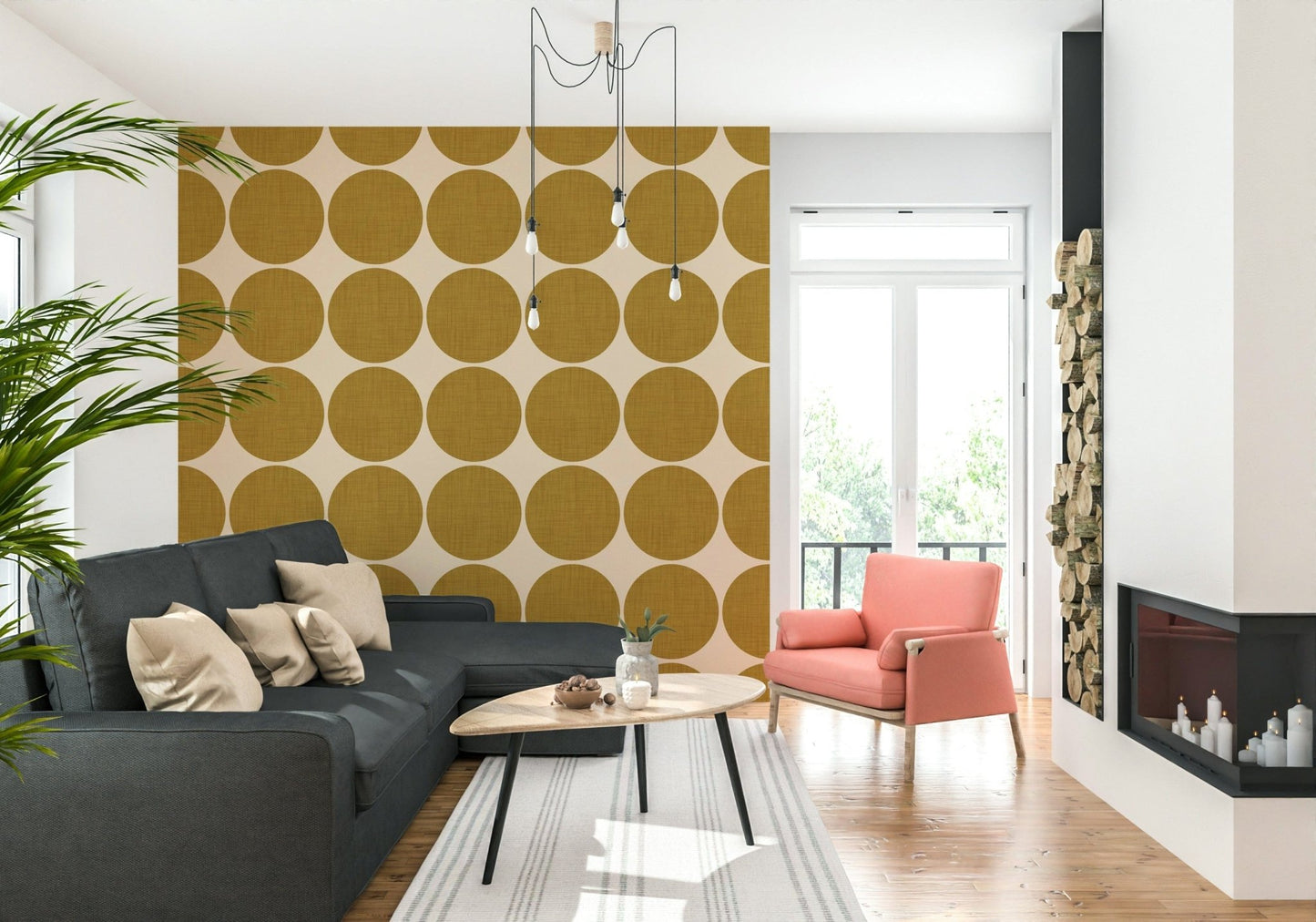 Minimalist geometric design featuring textured ochre orbs on a smooth light base