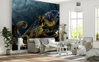 Gilded cephalopod peel and stick wallpaper Octopus Majesty design.