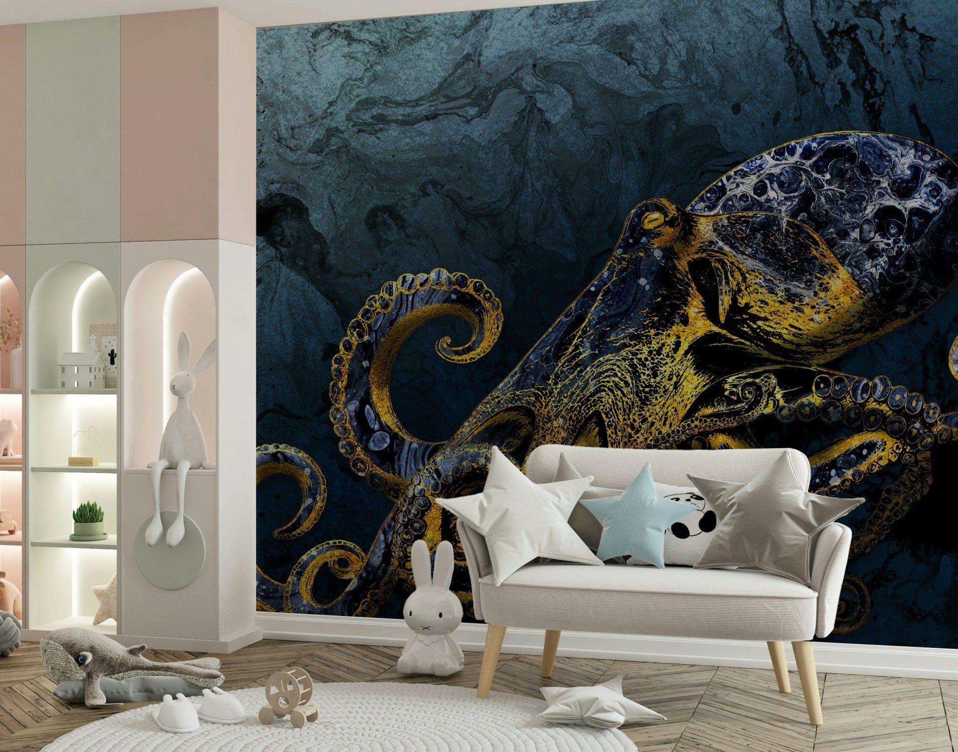Elegant eight-limbed Octopus Majesty wall covering interior design.