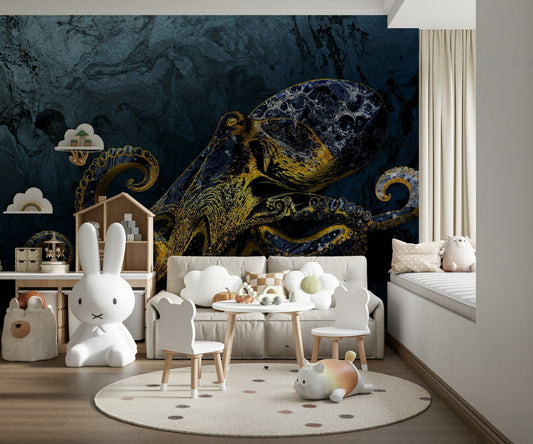 Dark ocean art Octopus Majesty wall covering unique texture.