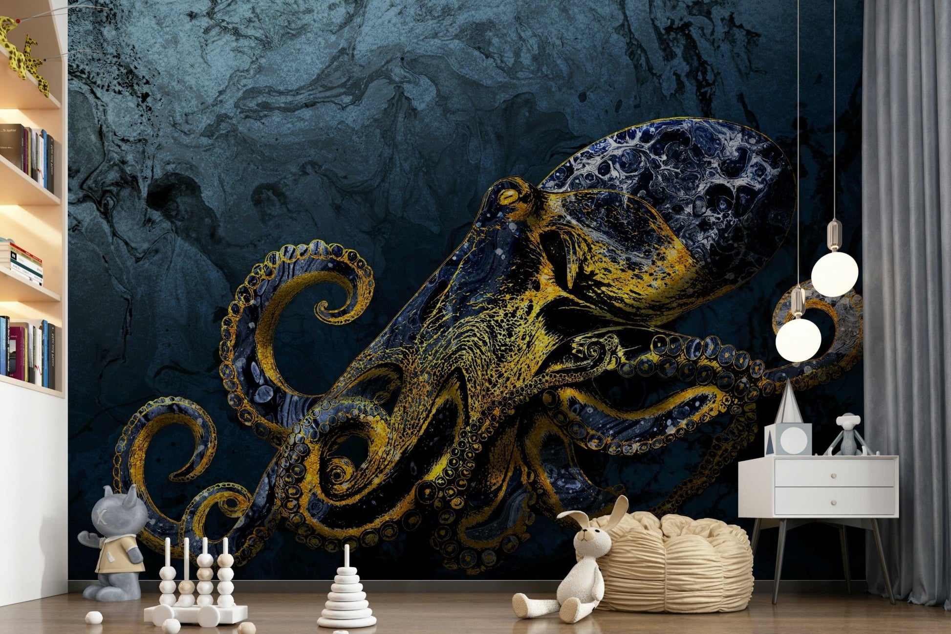 Deep sea creature wall paper Octopus Majesty metallic accents.