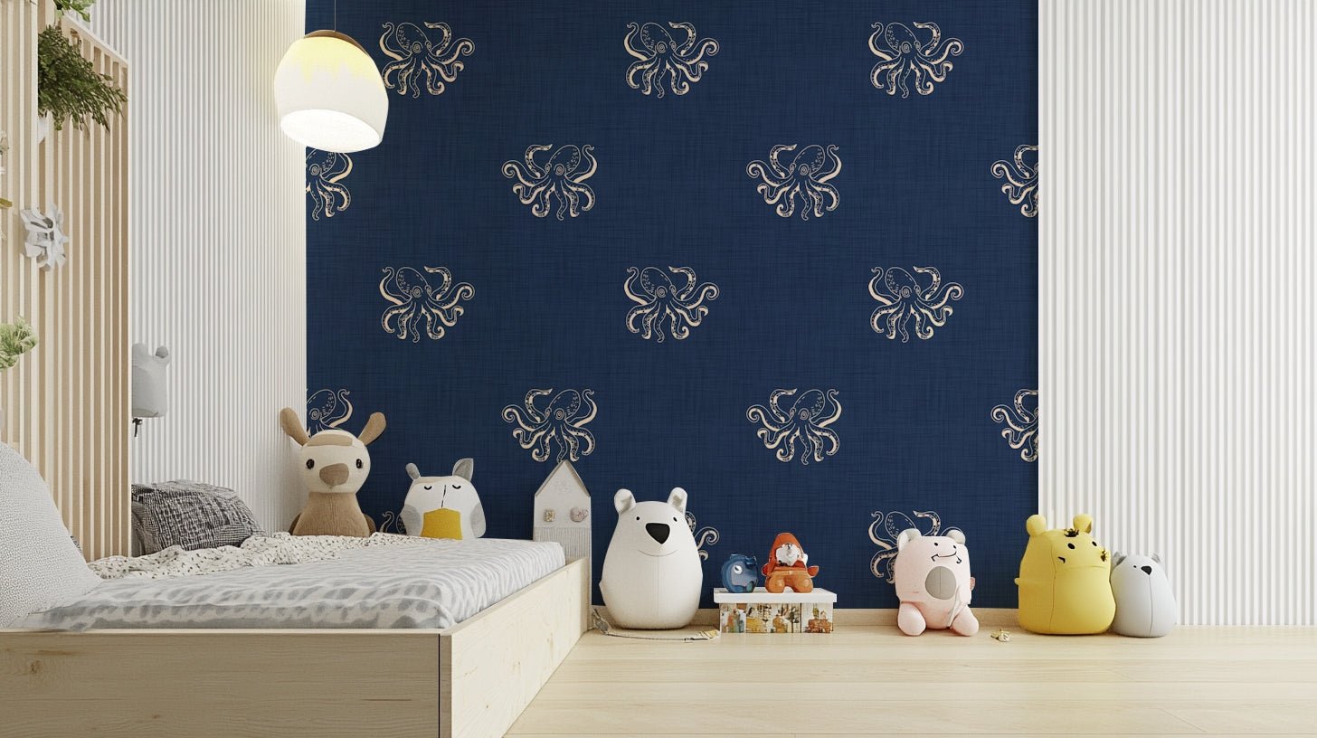 Faded nautical tones with bold sea art
