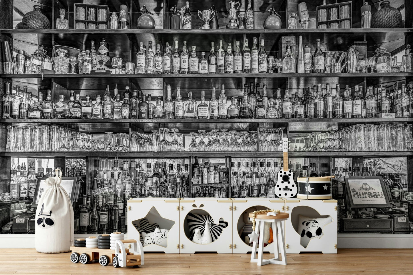 Retro bar scene mural in monochrome tones

