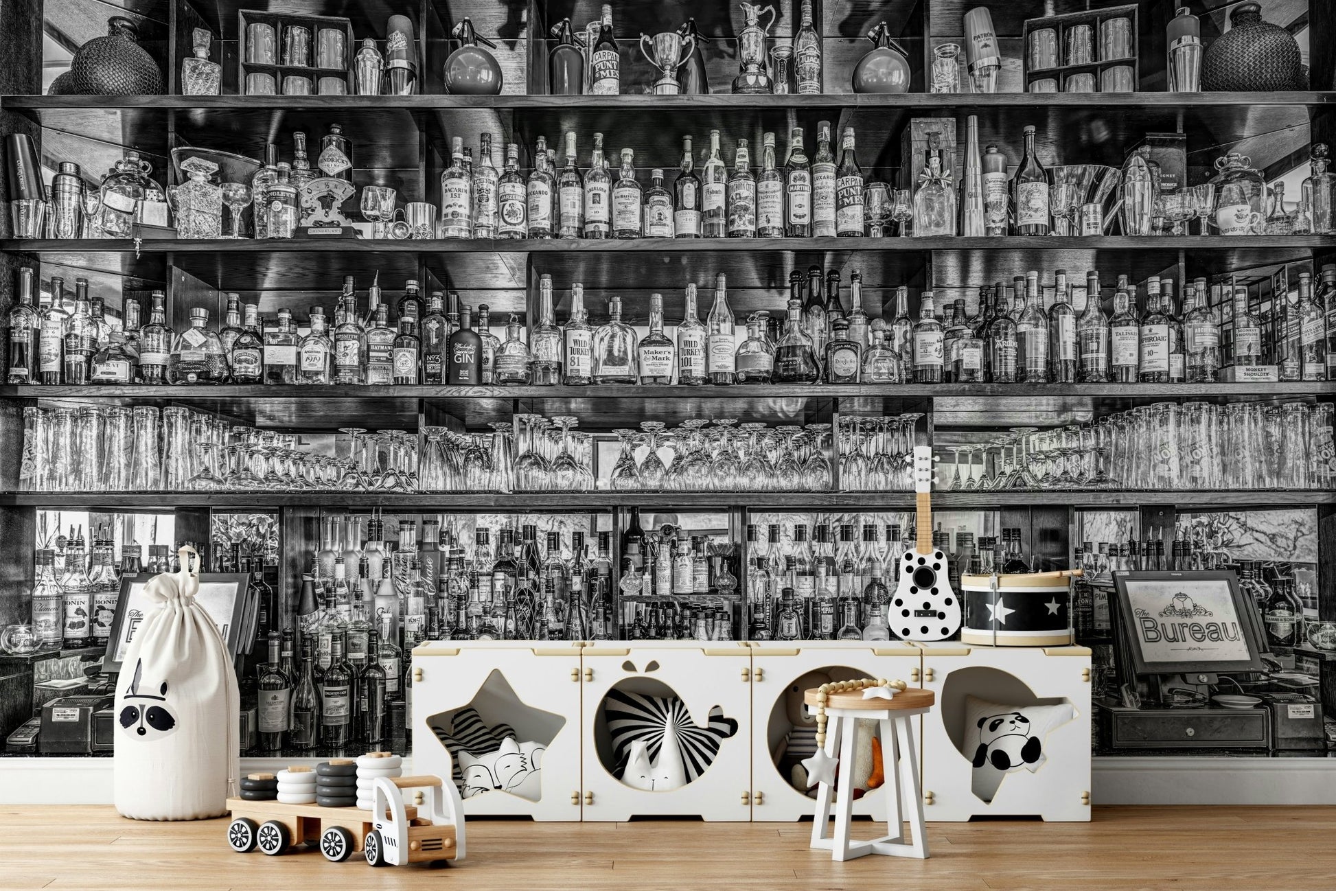 Retro bar scene mural in monochrome tones

