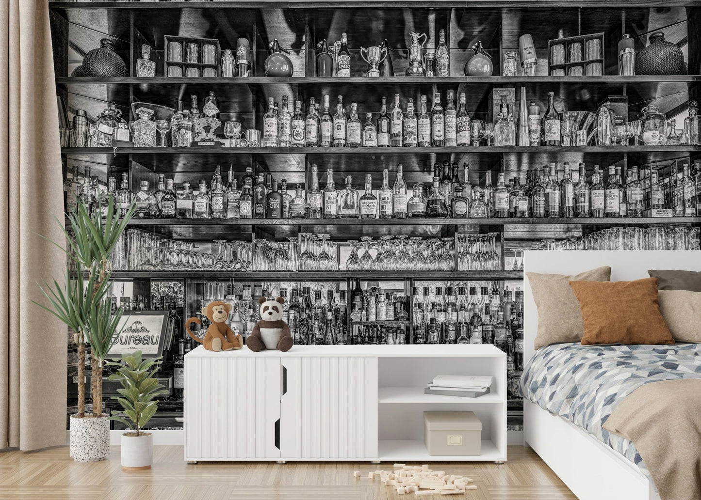 Old-fashioned bar counter wallpaper with classic details

