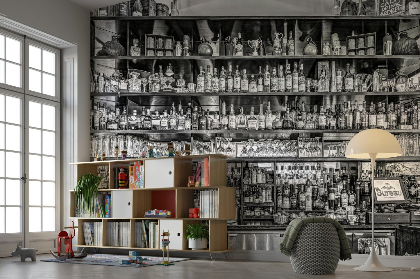 Vintage bottle collection on a durable vinyl metropolitan wall mural
