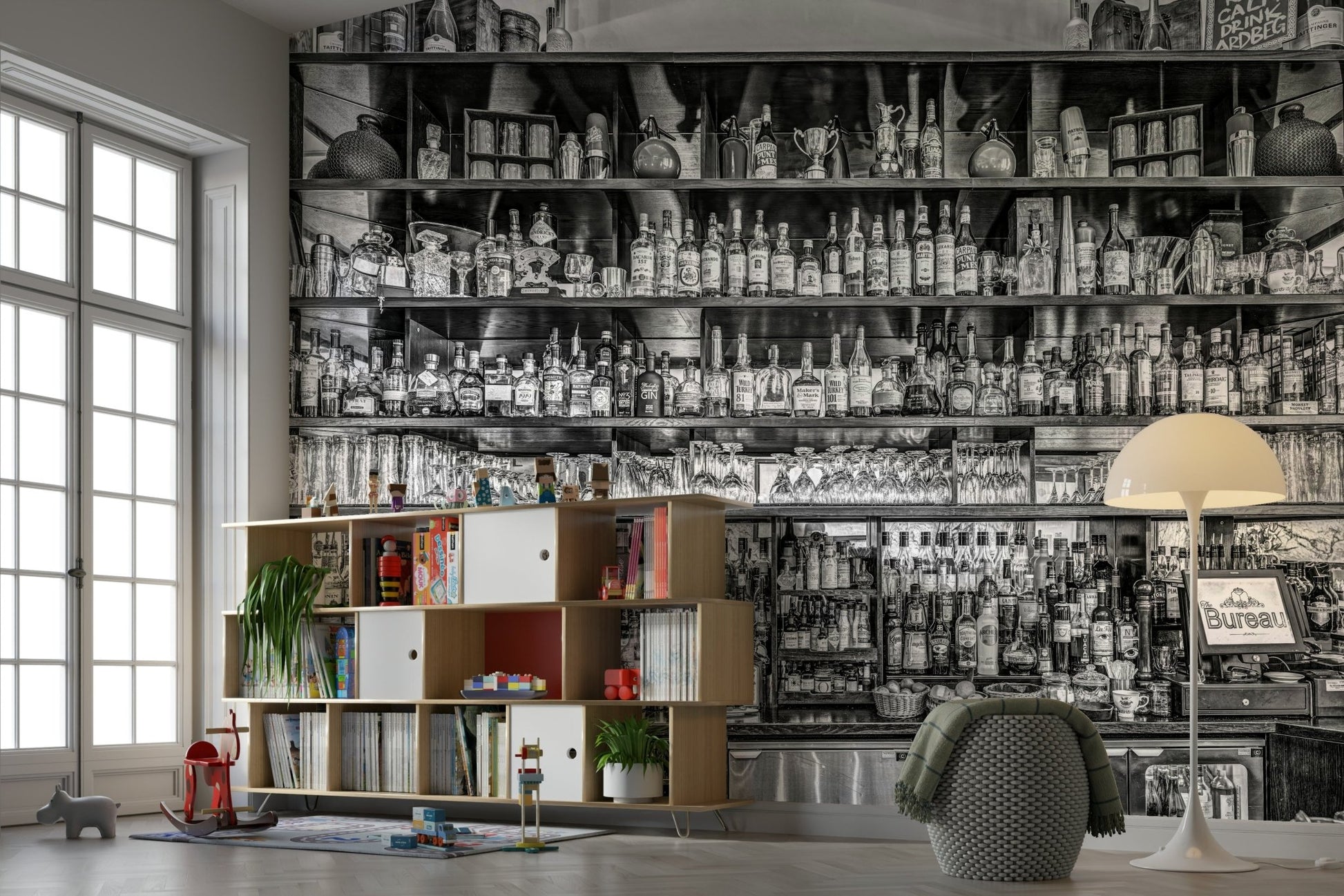 Vintage bottle collection on a durable vinyl metropolitan wall mural
