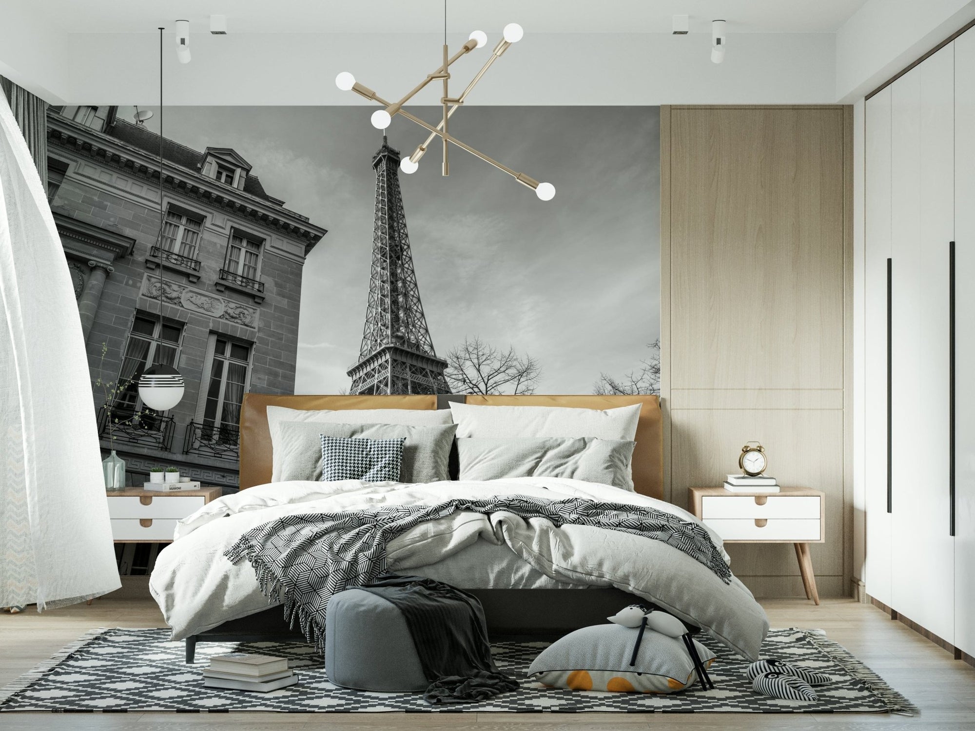 Old building next to Eiffel tower black and white wall mural above a tan leather bed in a modern bedroom