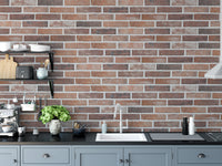 Old Dirty Red Brick wallpaper mural above grey kitchen cabinets and a black counter with a sink and green plant