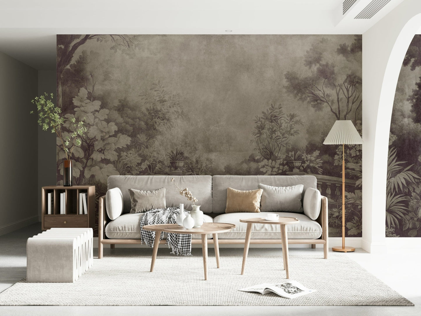 Old English Garden Fresco Aubergine mural balustrade classic foliage design.