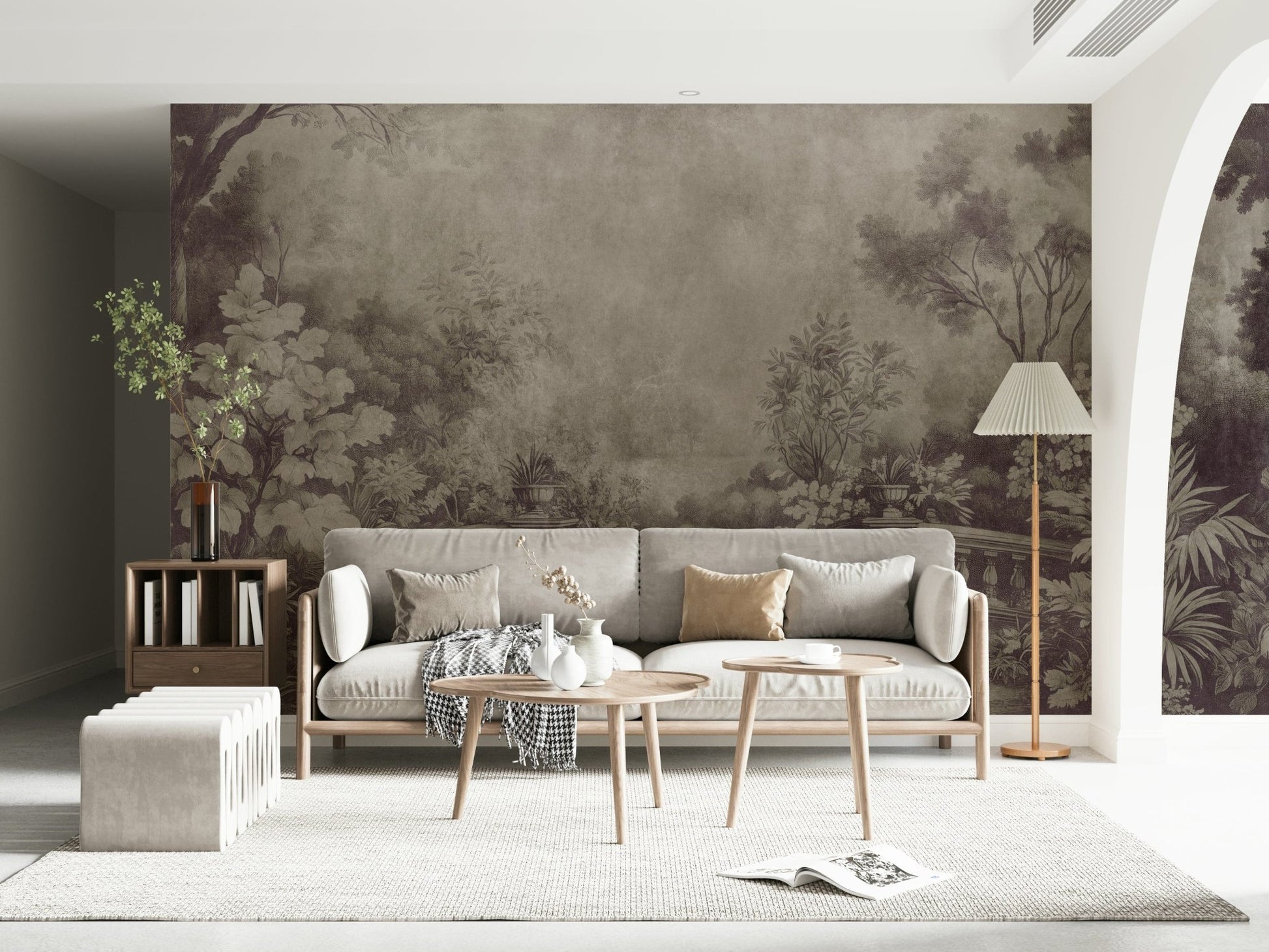 Old English Garden Fresco Aubergine mural balustrade classic foliage design.