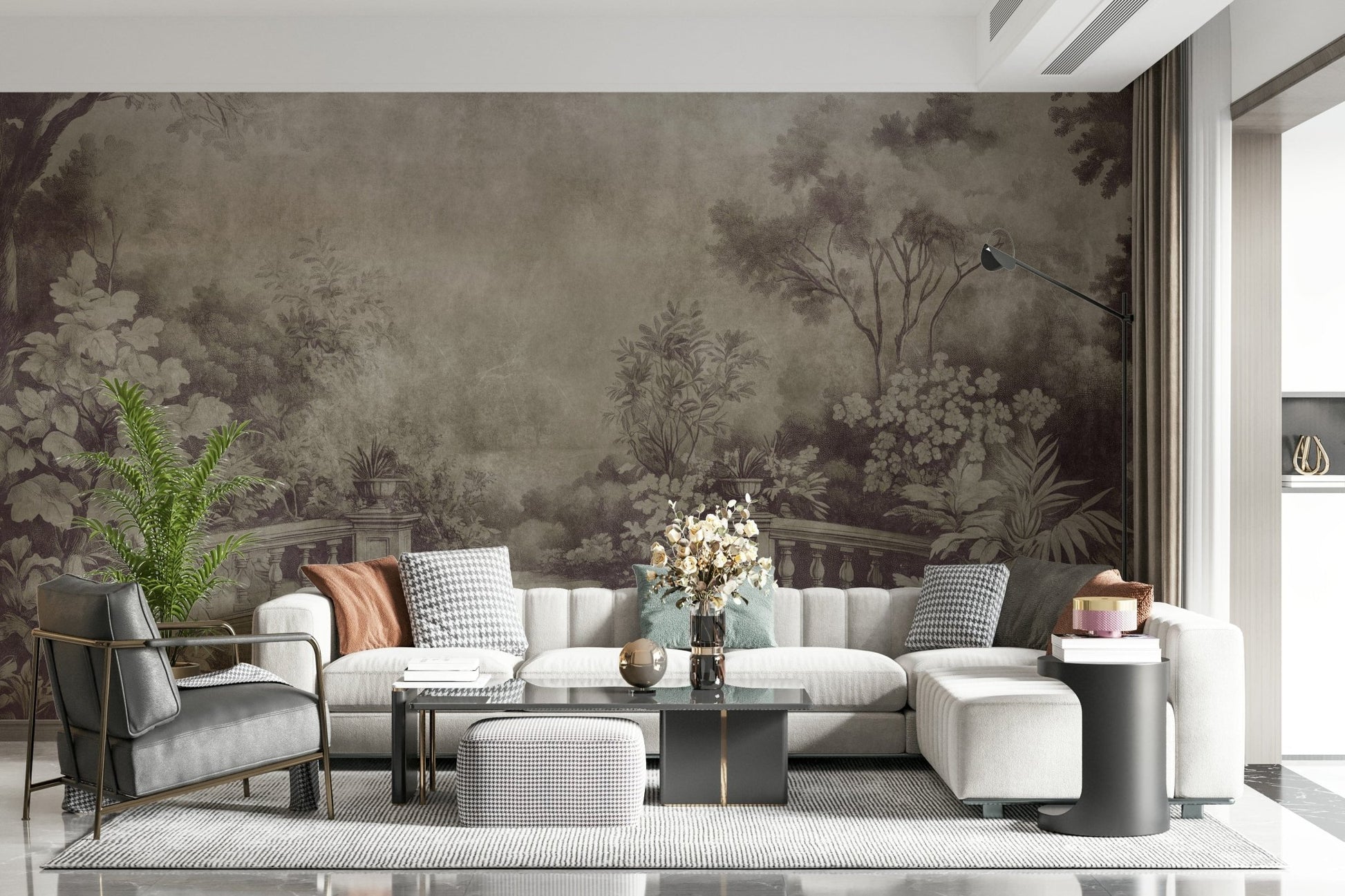 Old English Garden Fresco Aubergine mural, a dramatic timeless arbor wallpaper.