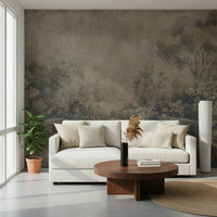 Hazy Smoke Garden wallpaper, detailed stone railing and lush foliage.