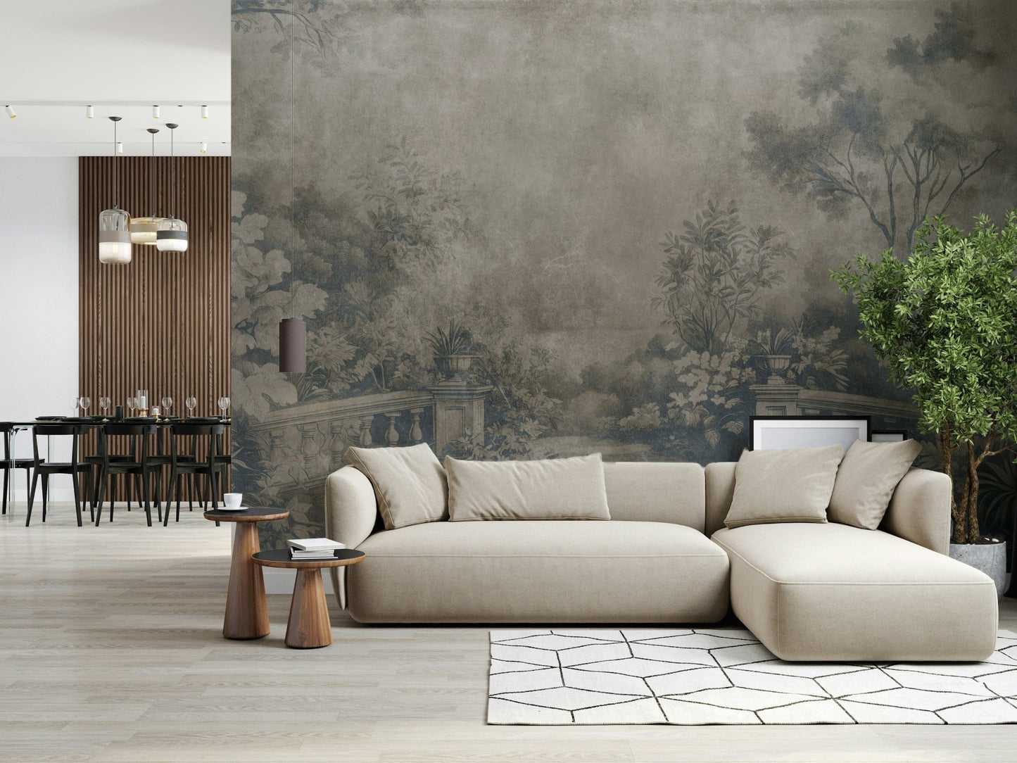 Faded Old English Garden wall mural, cool grey tones, ornate wallpaper design.