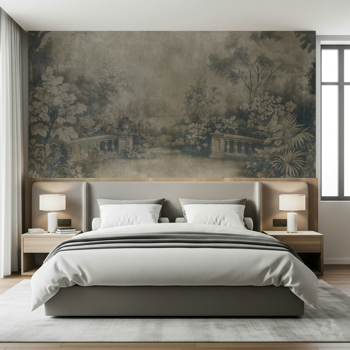 Tranquil Smoke Fresco wallpaper, serene garden artistry, striking mural.