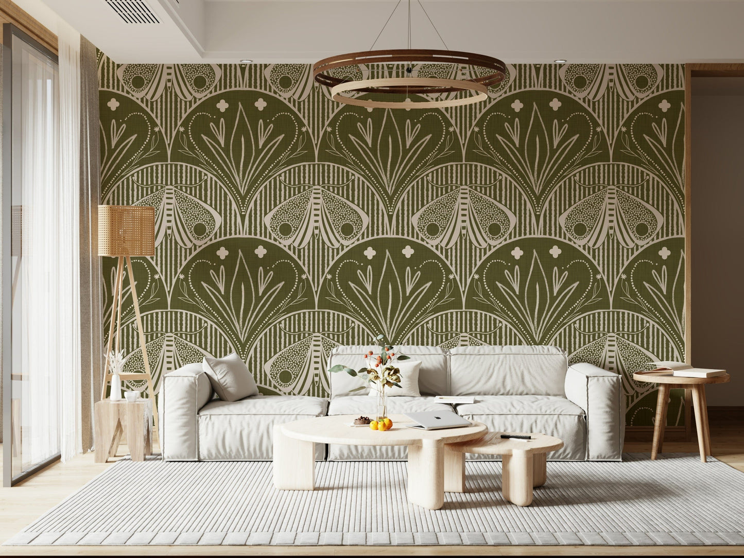 Boho Art Nouveau Scallop Butterfly Floral in Olive Drab Wallpaper⁠