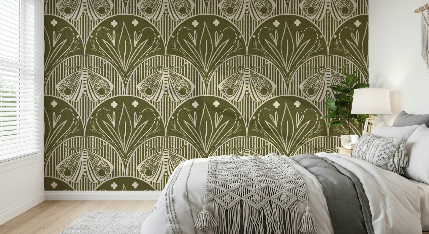 Boho Art Nouveau Scallop Butterfly Floral in Olive Drab Wallpaper⁠