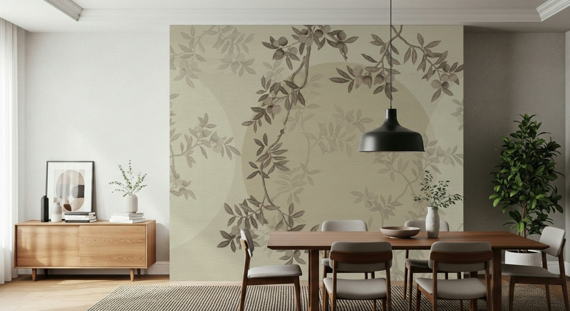 Minimal olive leaf mural in reading nook, calm color palette