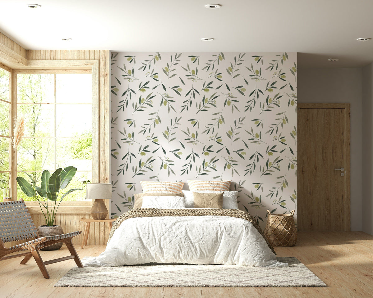 Decorative wall mural with watercolor-style olive leaves and fruit in soft green tones.
