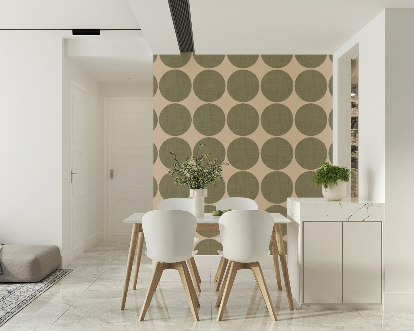 Light neutral wallpaper with oversized olive round shapes arranged in rows and columns