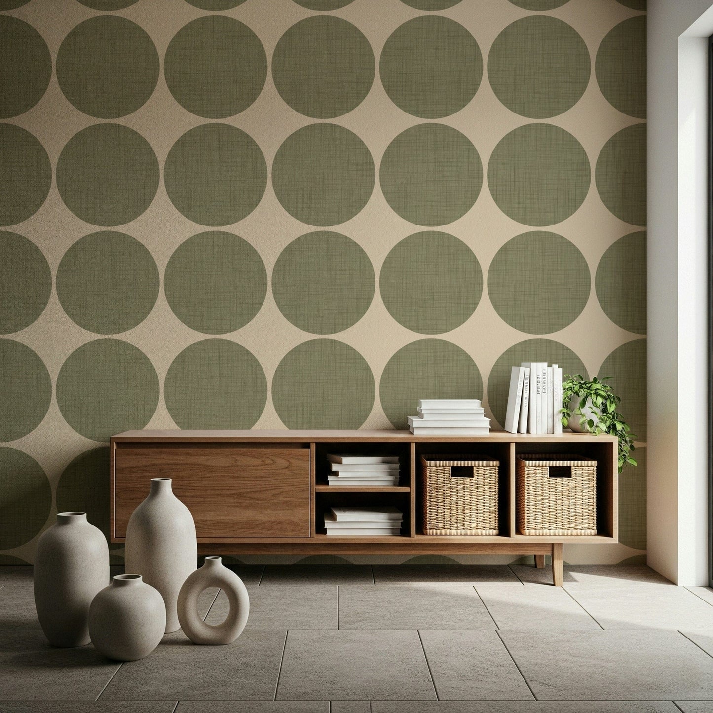 Decorative dot wallpaper with uniform olive circles creating a playful repeating pattern