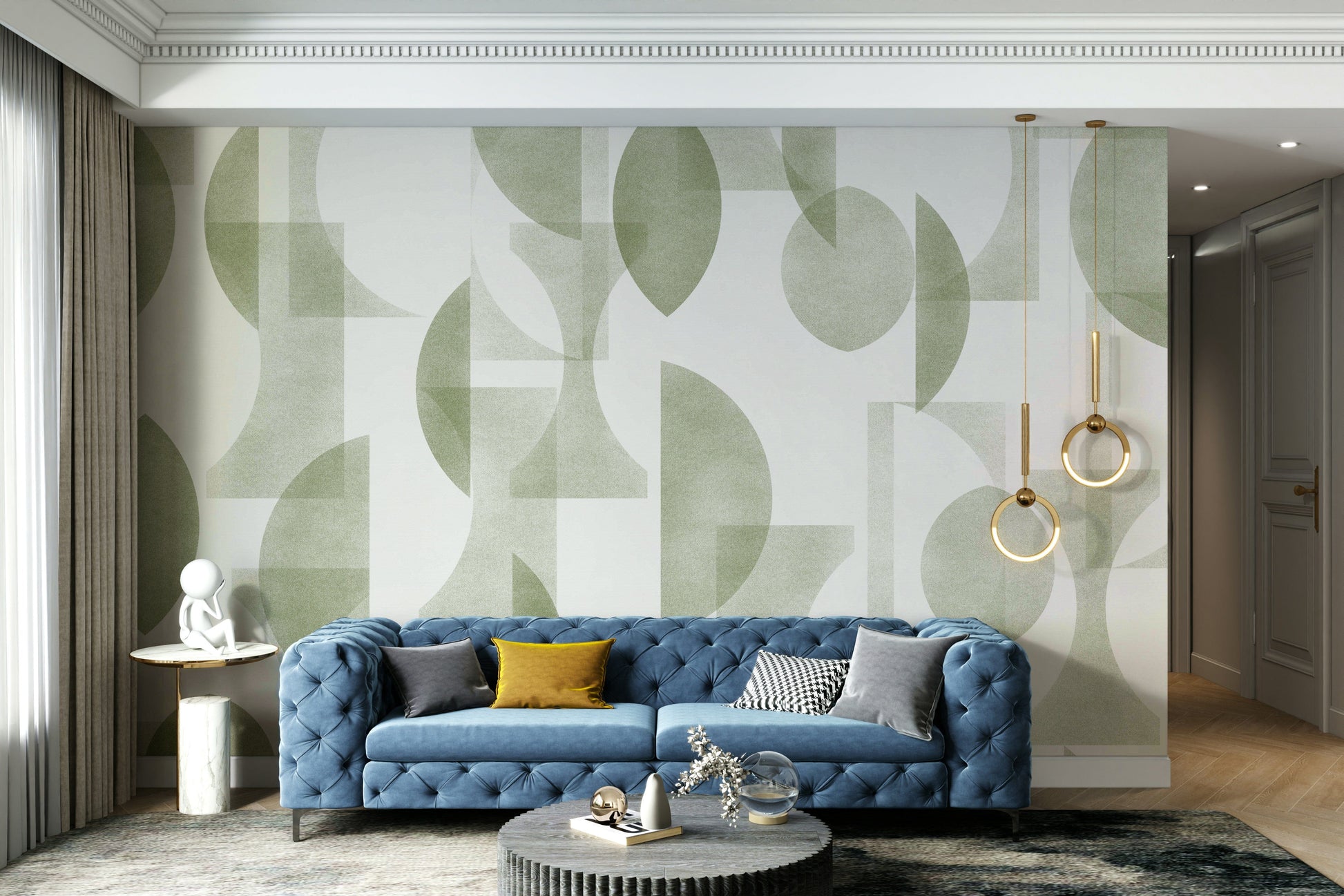 An angled shot of a wall with olive wallpaper

