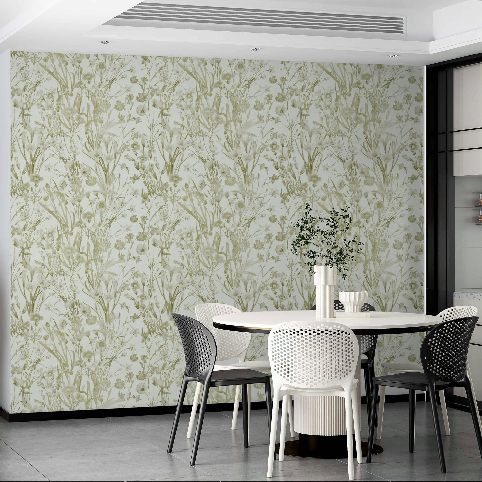 A living room decorated with a meadow wall mural

