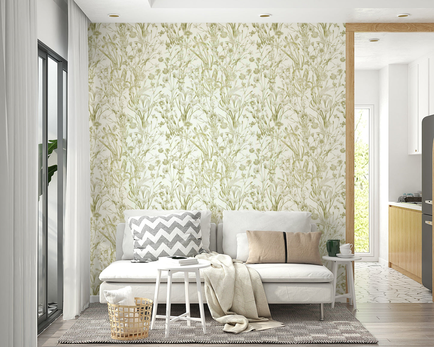 Wallpaper with daisies, poppies, and grass


