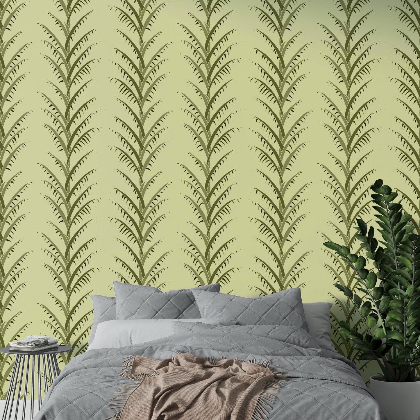 a painting of olive green palm leaves

