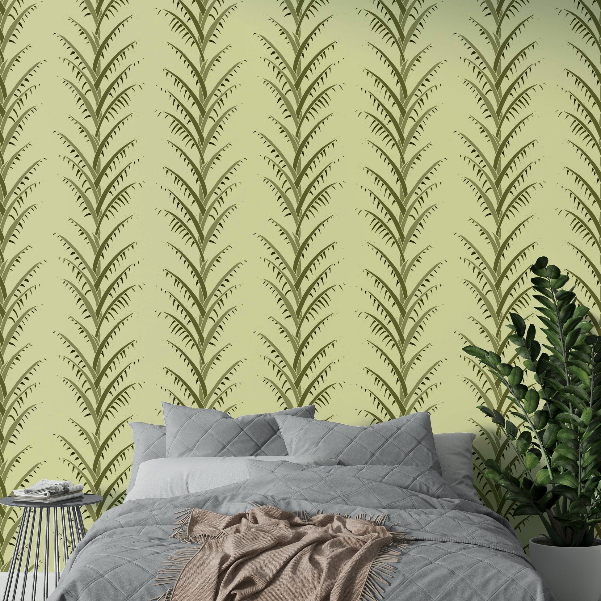 a painting of olive green palm leaves

