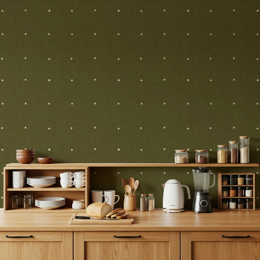 Olive Grove Texture wallpaper mural in olive green above light oak kitchen cabinets with dishes, kettle and spice jars