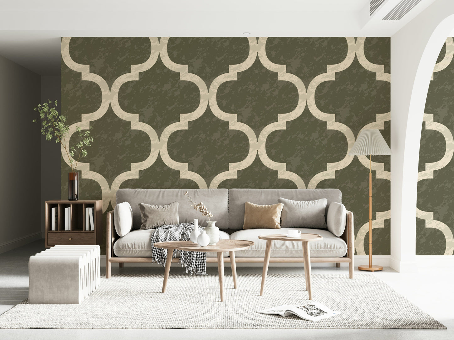 Textured-look olive trellis wallpaper for cozy interiors