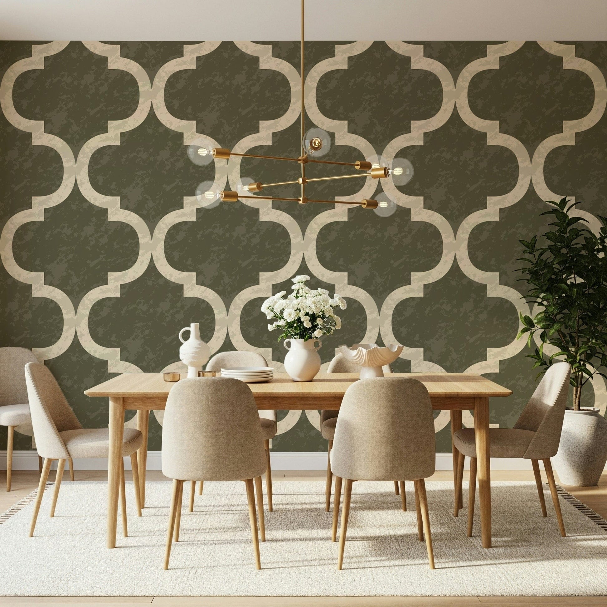 Arabesque trellis wallpaper in olive and cream palette