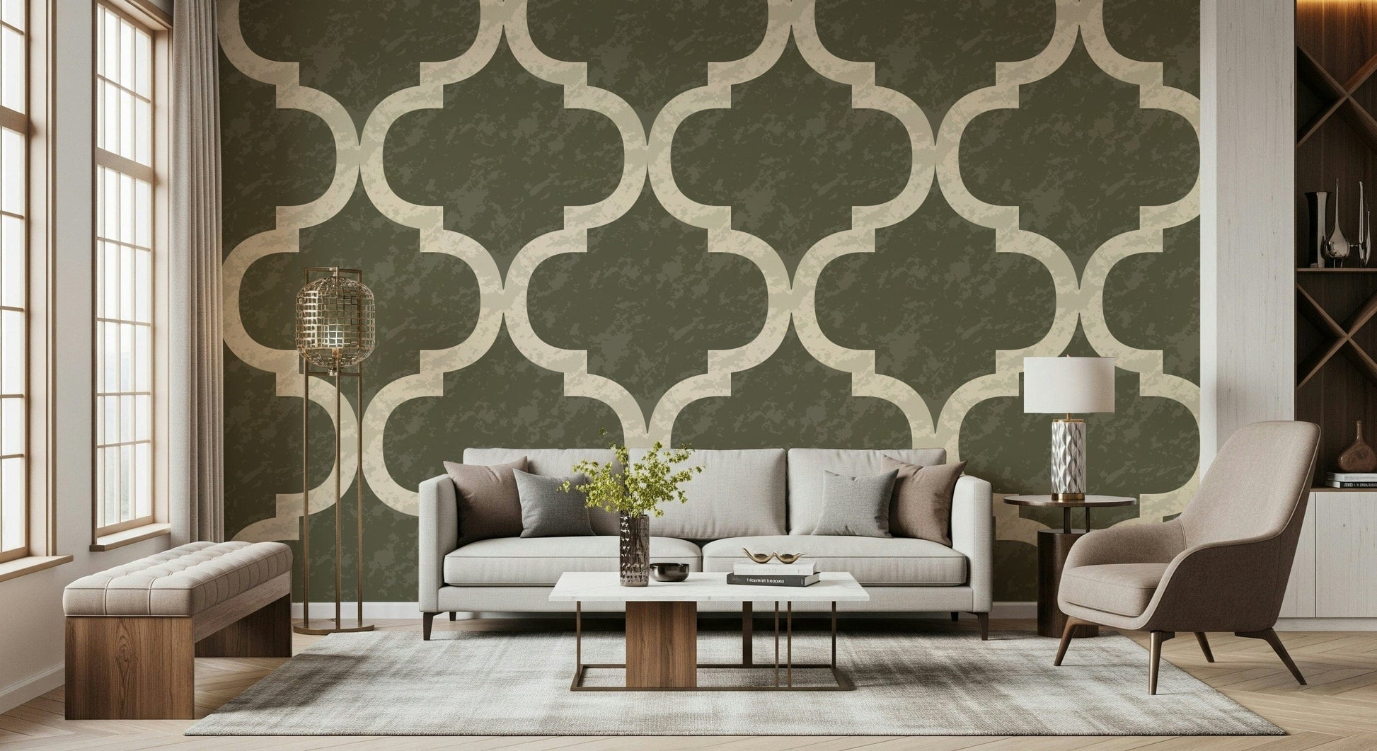 Rustic dark olive ogee wallpaper with distressed texture look