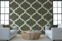 Olive green geometric wallpaper with Moroccan lattice motif