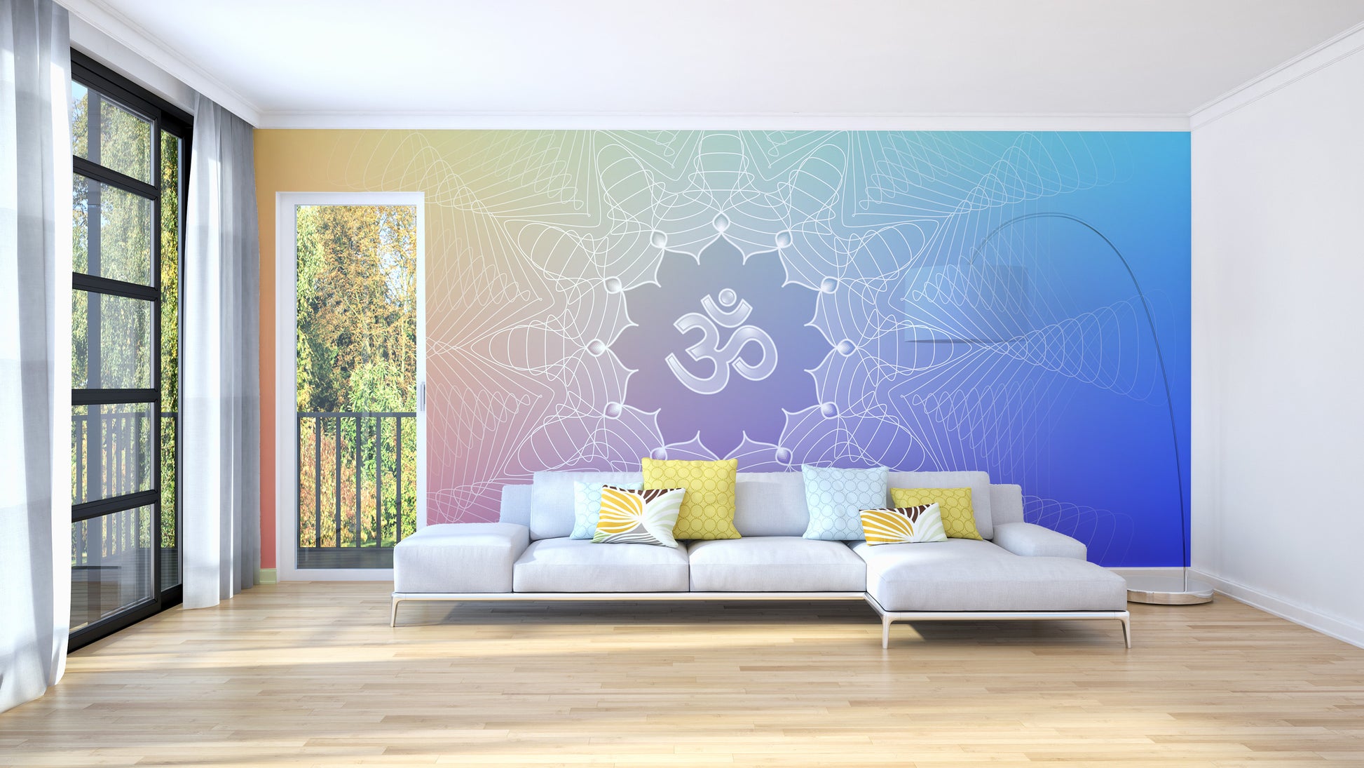 Om Lotus wallpaper mural in pastel rainbow hues behind a white sofa with yellow cushions in a sunlit living room