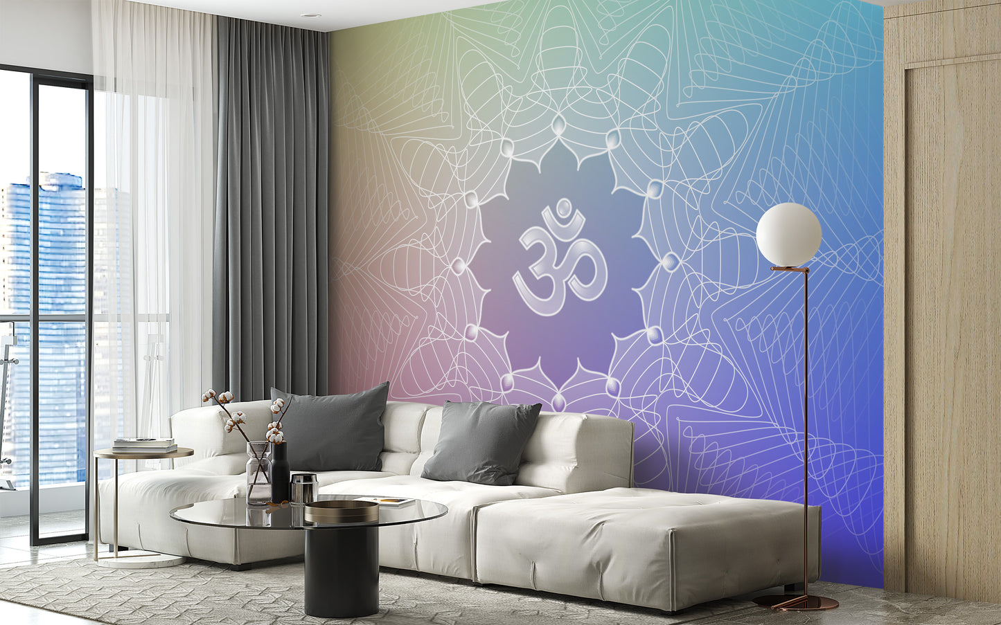 Om Lotus wallpaper mural in soft rainbow tones above a white sectional sofa and globe lamp in a bright living room