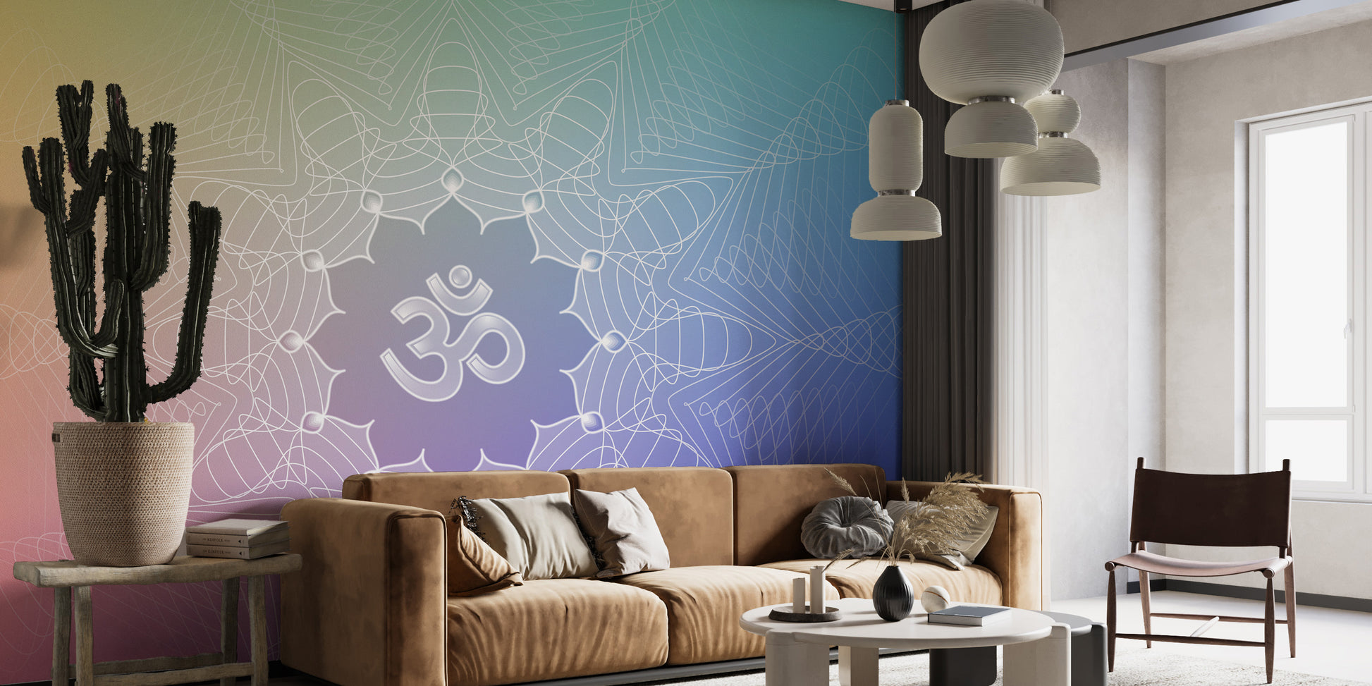 Om Lotus wallpaper mural with white Om mandala on rainbow gradient behind a camel sofa and tall cactus in a living room