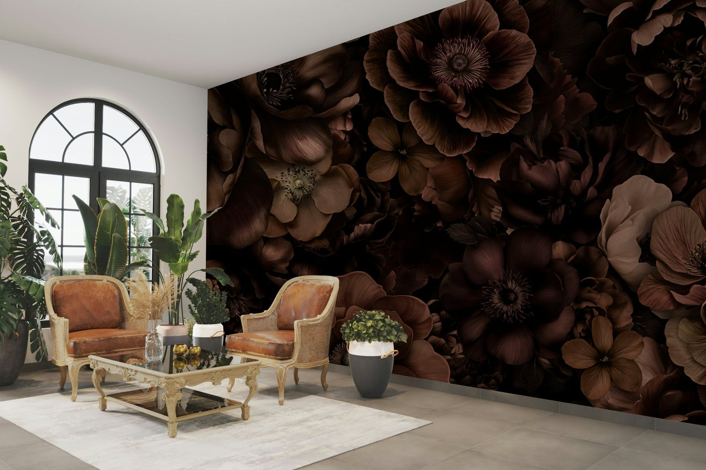 The image shows a repeating pattern of opulent flowers.

