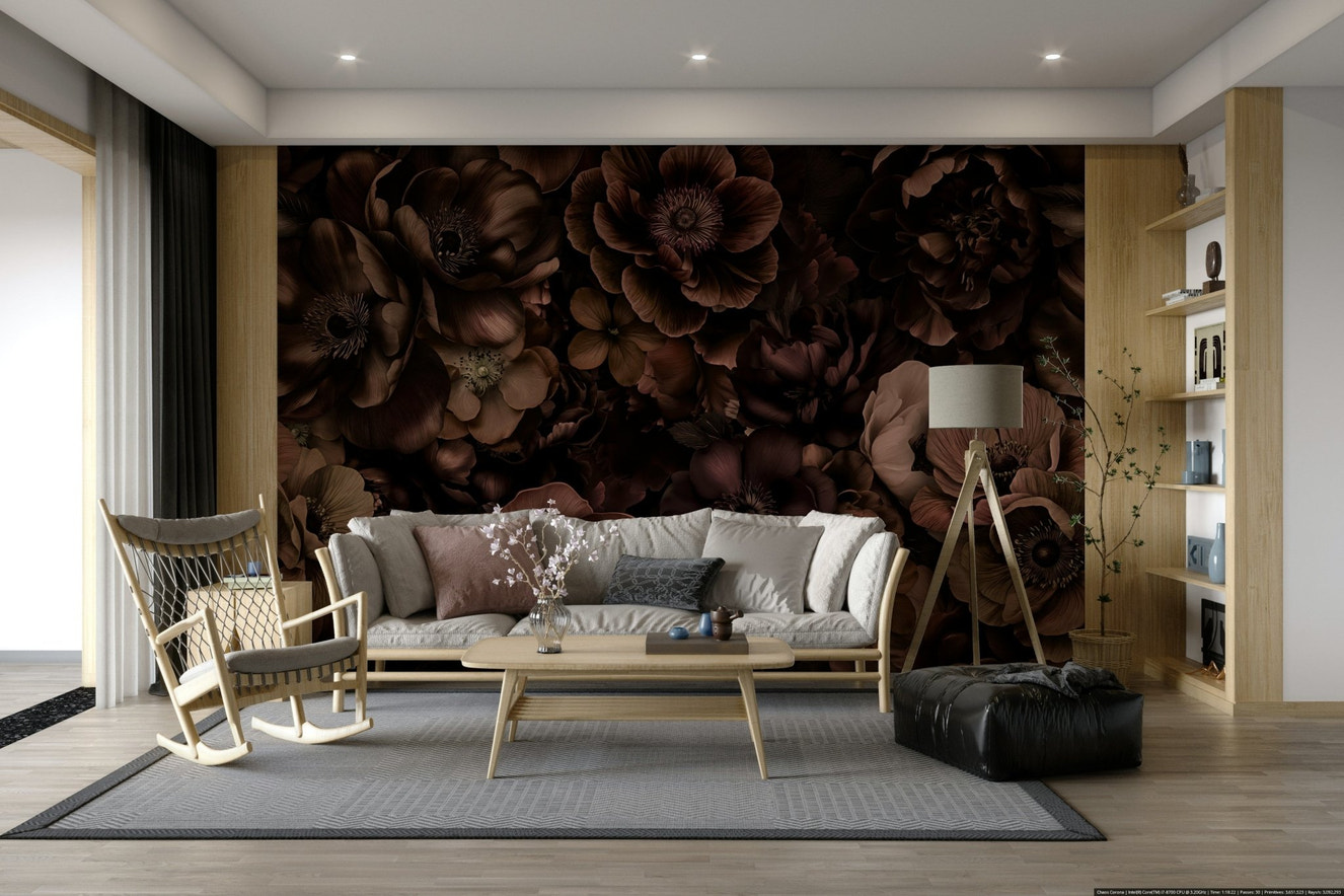 A wall mural of a luxurious floral pattern.

