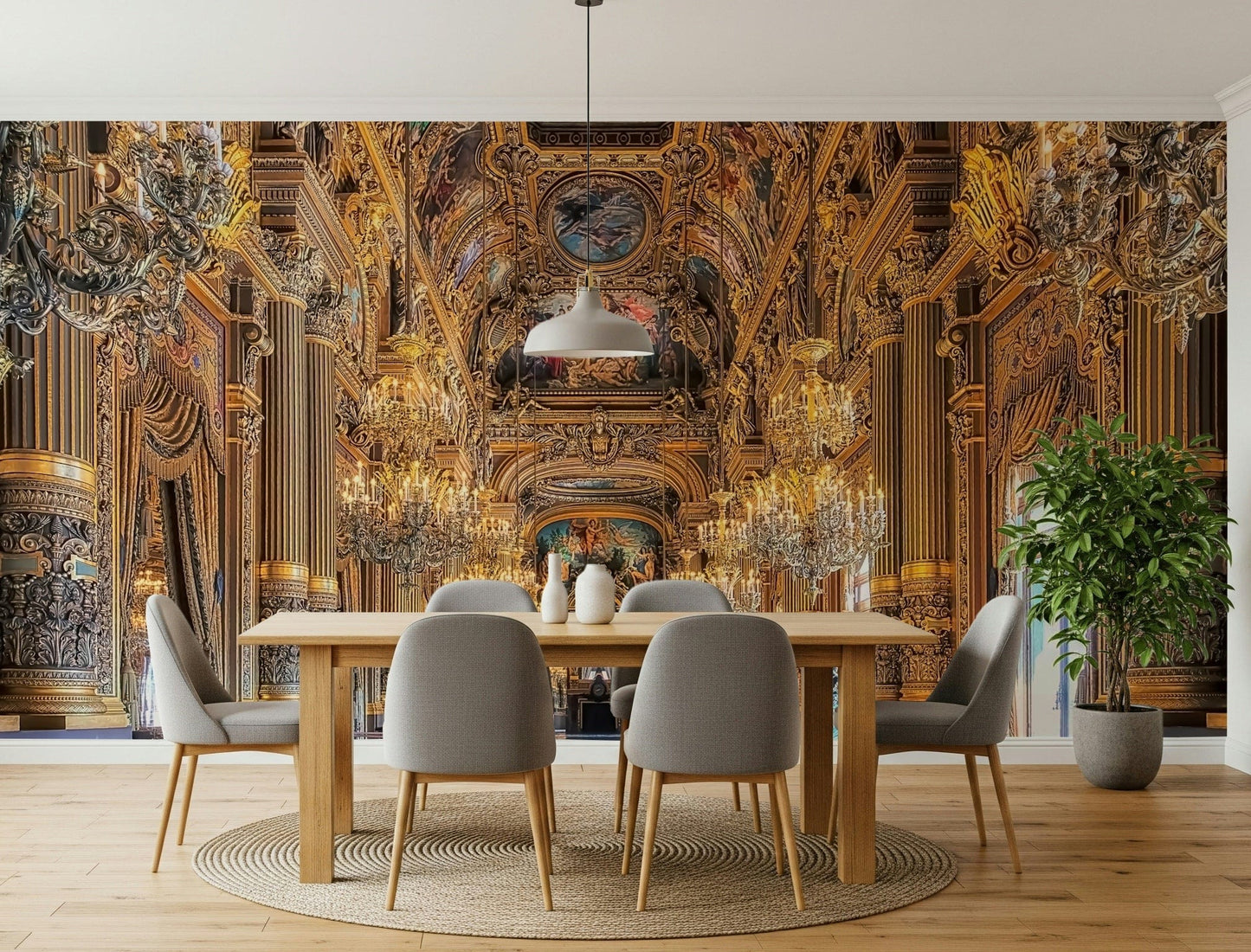 Royal ballroom scenery Opulent Grandeur peel and stick wallpaper.