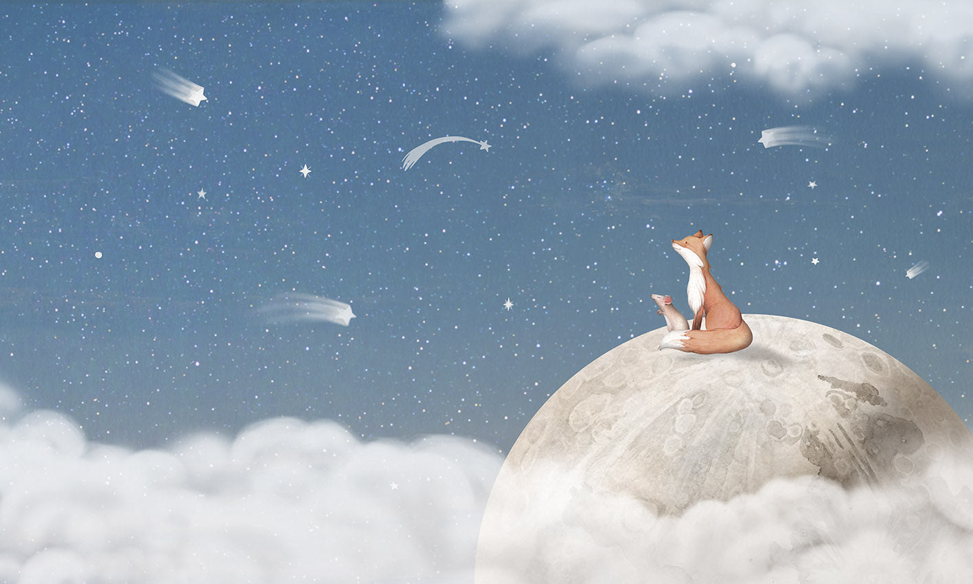 Fox On the Moon Blue Mural in your room — zoomed