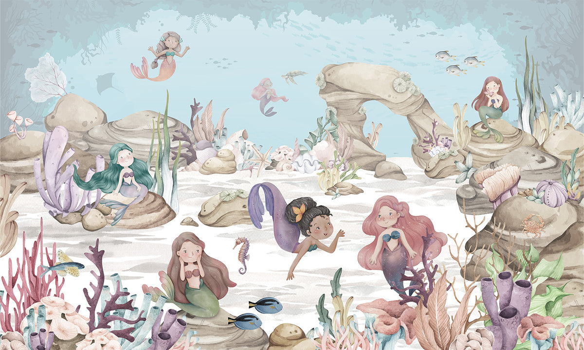 Mermaid Miracles Girls Room Mural in your room — zoomed
