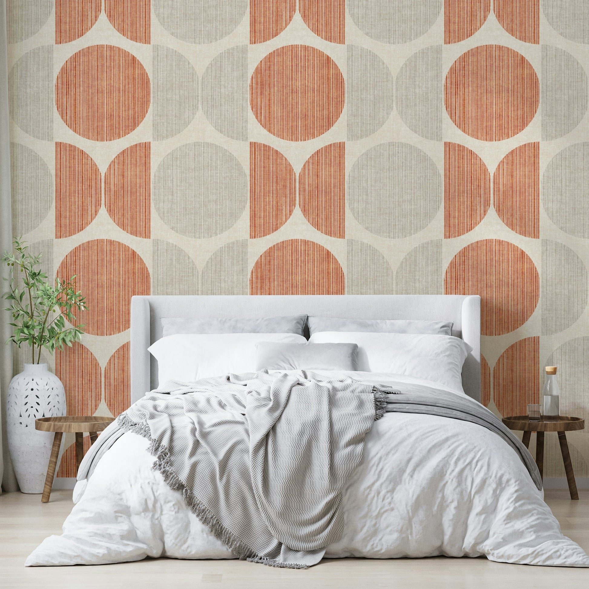 An artistic boho pattern mural on minimalist wallpaper.

