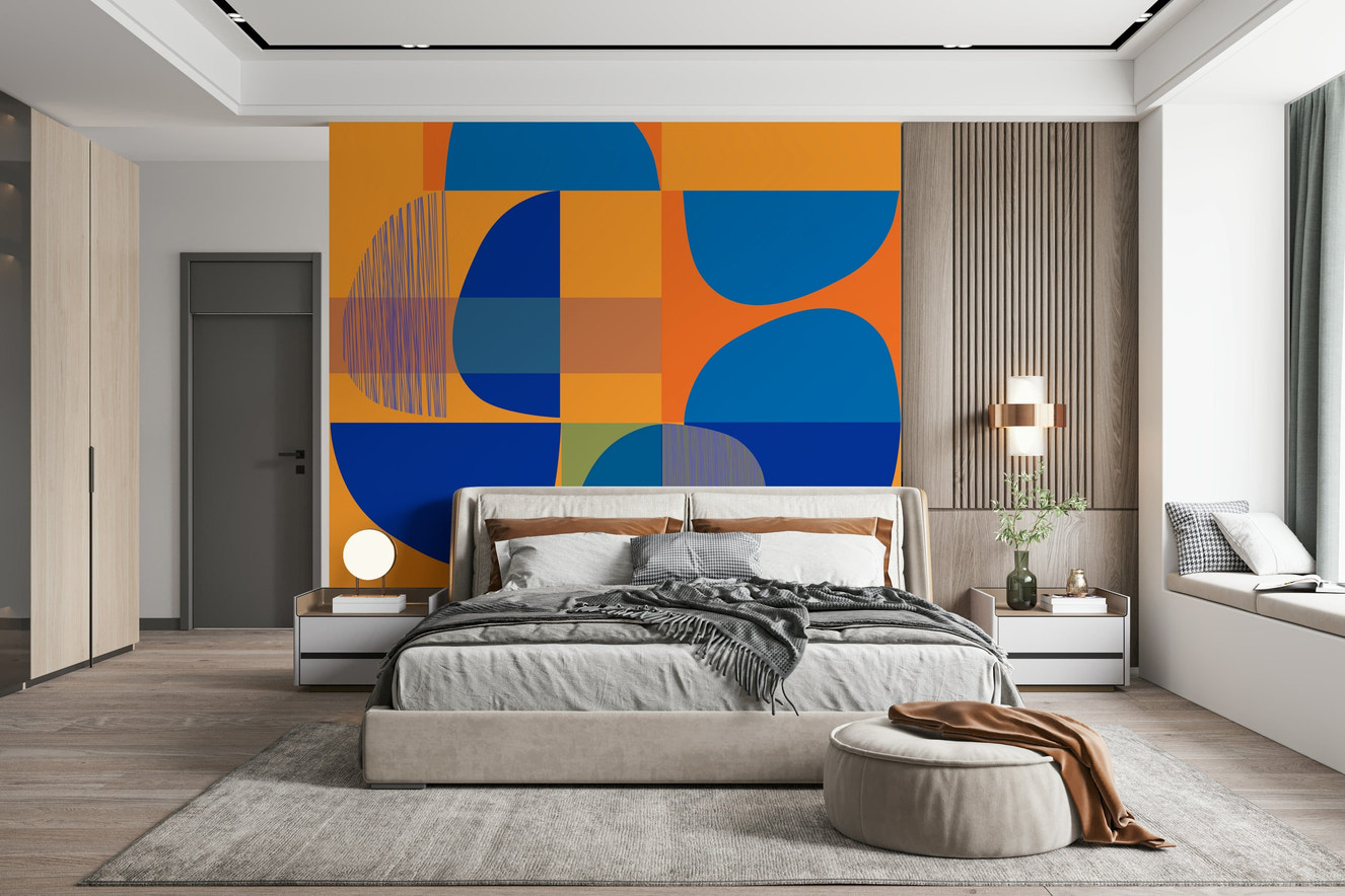 Vivid Geometry mural, bright abstract shapes wallpaper.