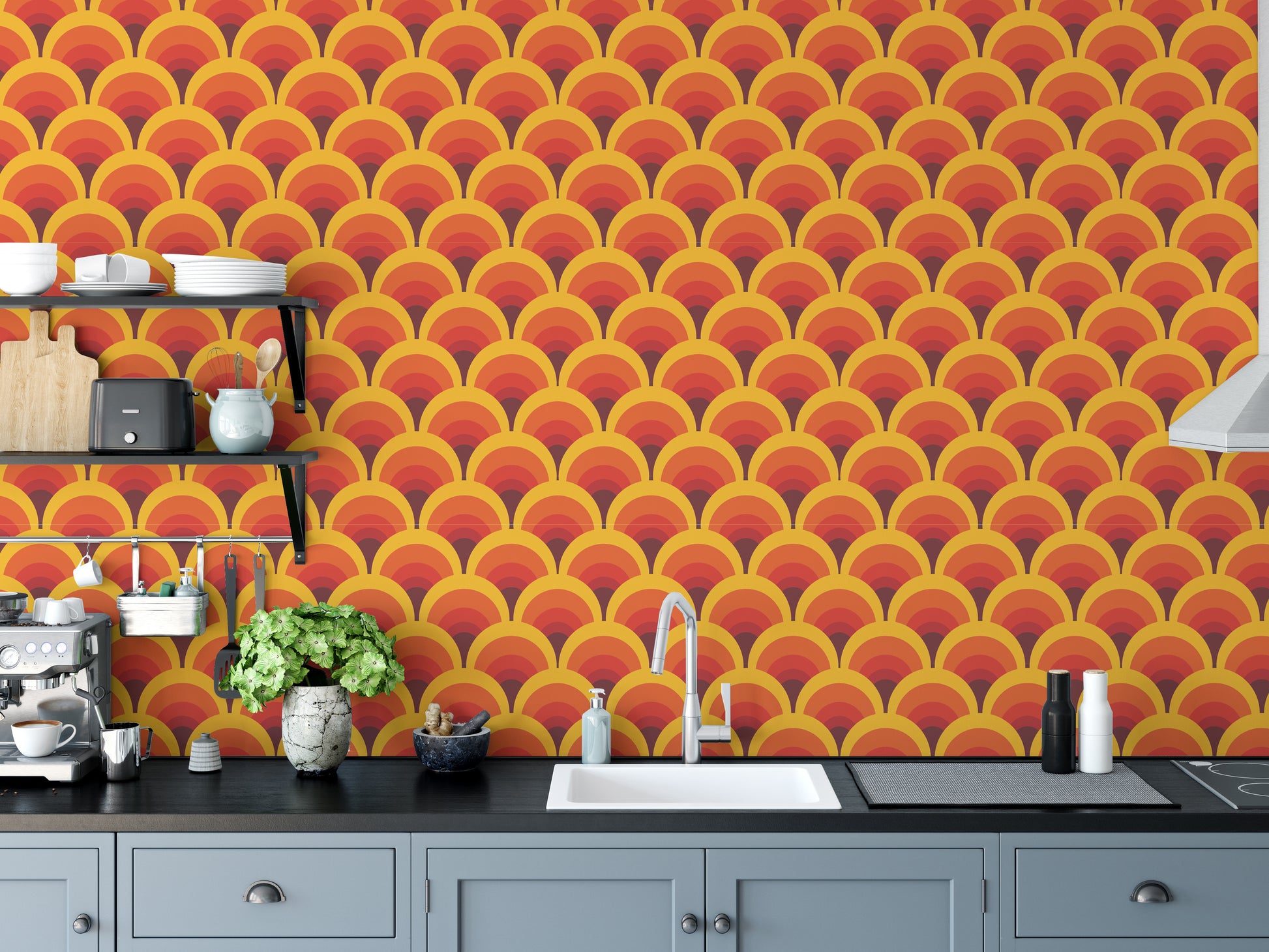 Bright orange wallpaper with geometric arches