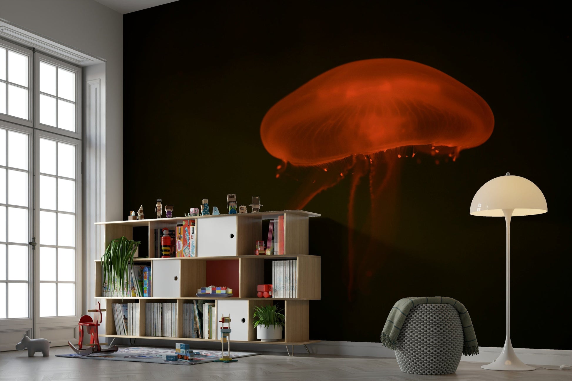 A peaceful underwater view mural on decorative wallpaper.

